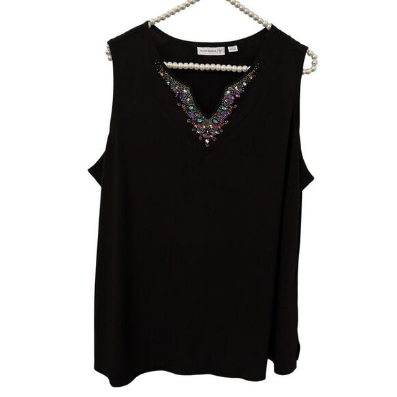 Susan Graver Tank Top Womens 1X Black Embellished Plus Size artsy mature liquid - Picture 1 of 12